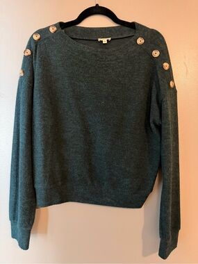 Lily White Forest Green Button-Shoulder Crew Sweater